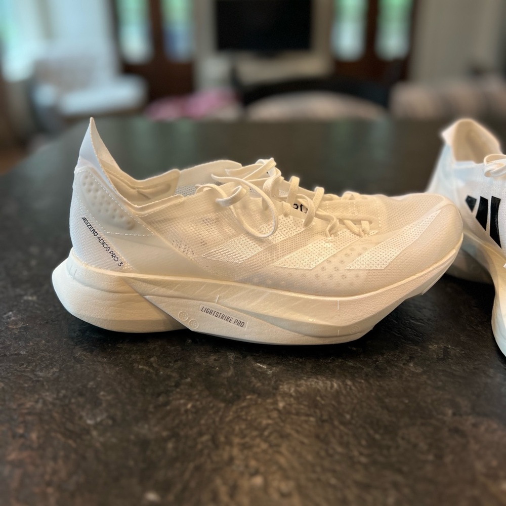 Adidas Adios Pro 3 Cloud white; Women’s size 8, Men’s 6.5